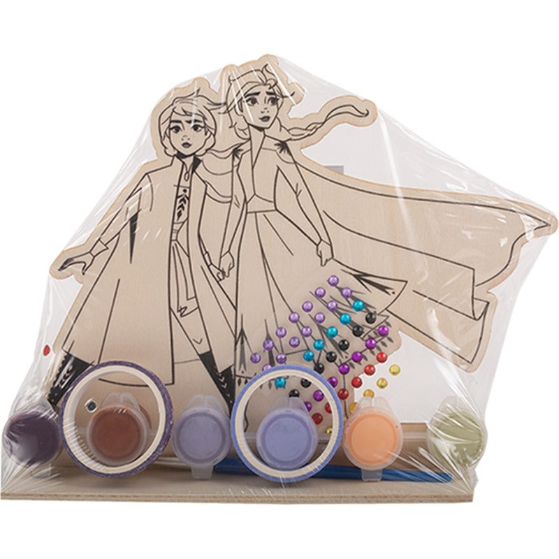 Wooden standee paint-and-decorate kit with two character cutouts and paint pots
