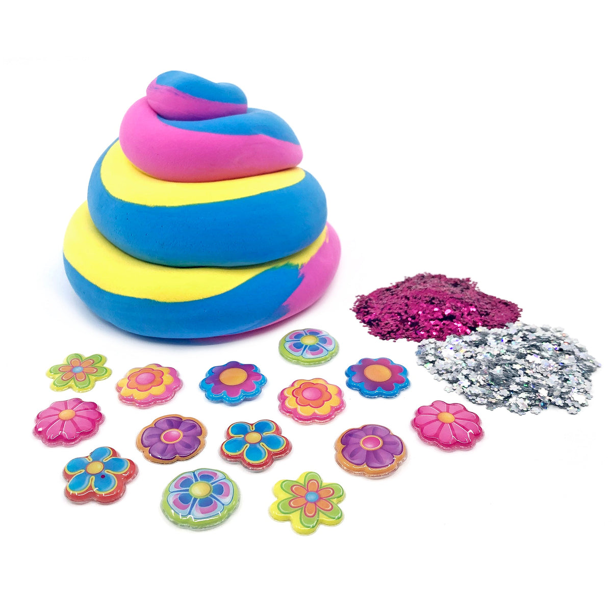 Striped tie-dye fluffy slime with flower-shaped toppers and purple glitter flakes