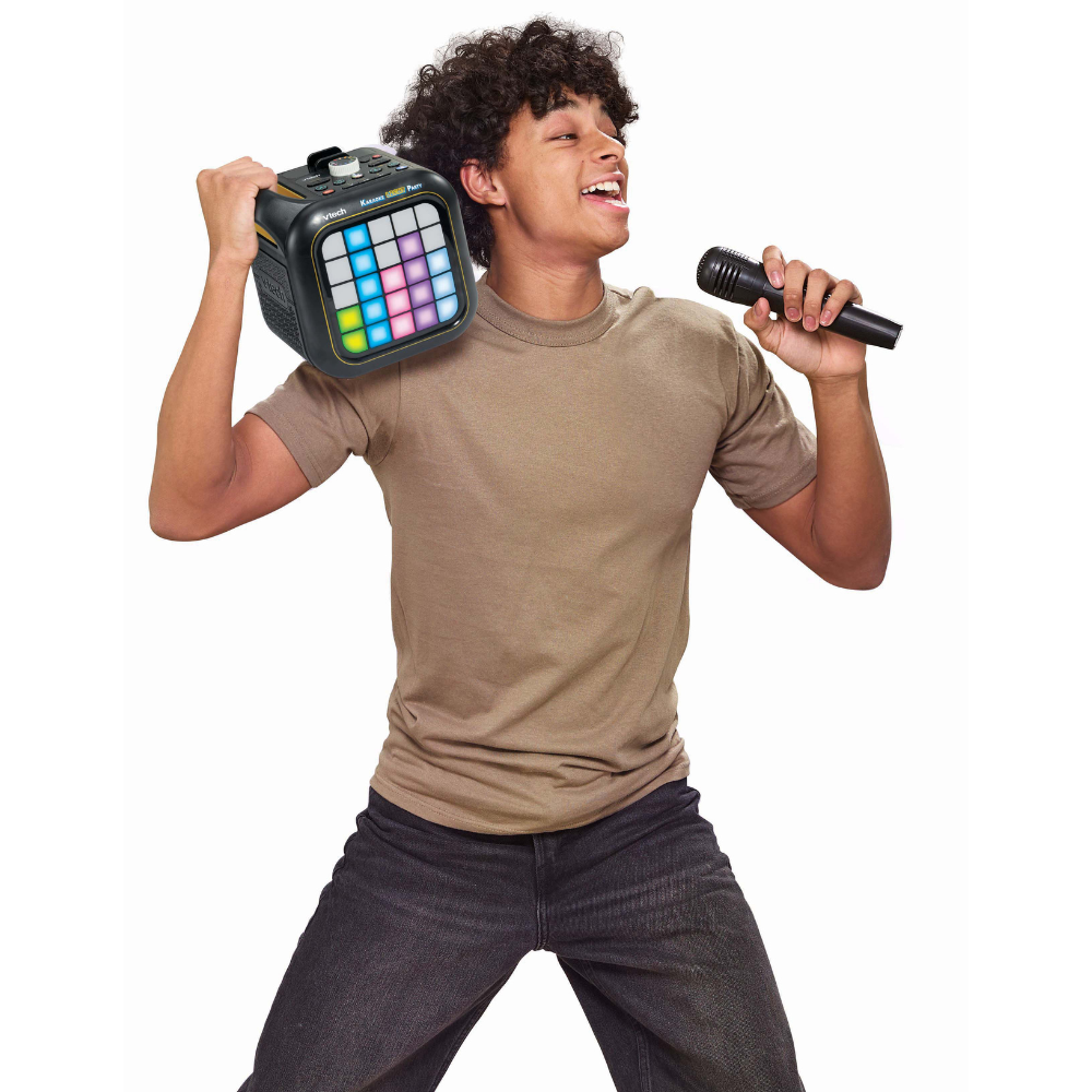 Karaoke light party device held by performer with LED grid and handheld mic