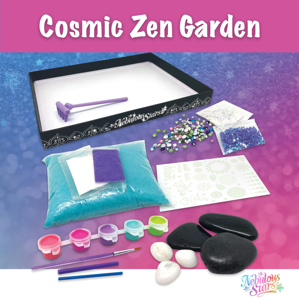 Cosmic Zen Garden craft supplies set with tray, paint pots, tools, stones, glitter