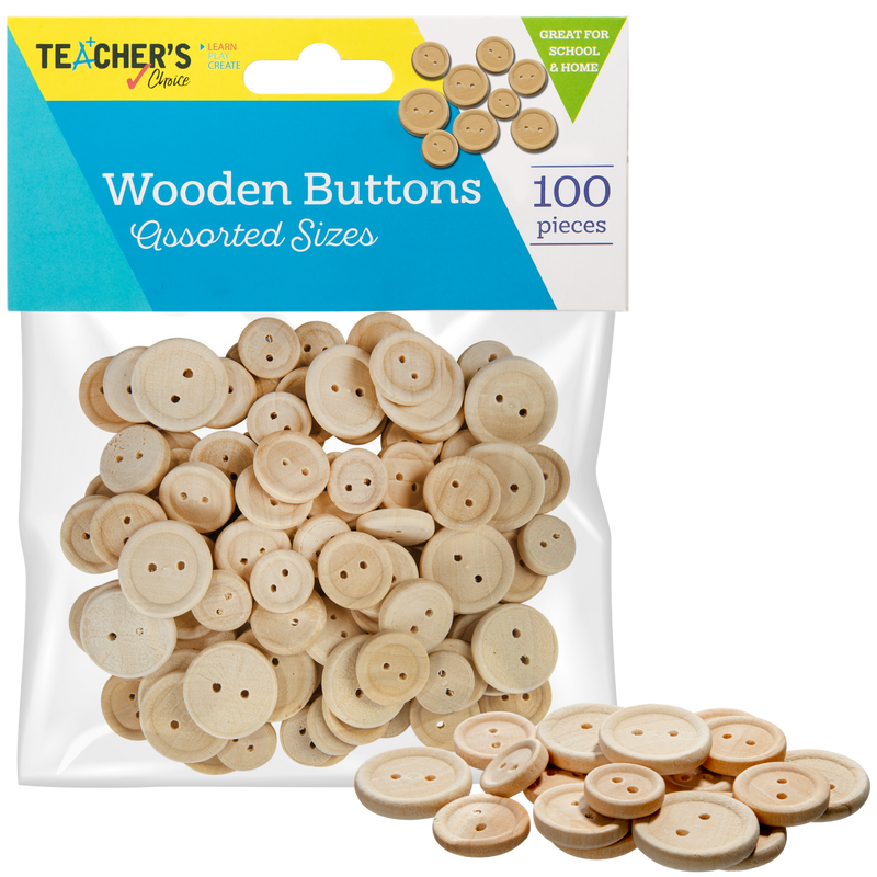 Light Gray Teacher's Choice Natural Wooden Buttons Assorted Sizes 100 Pieces Kids Craft Basics