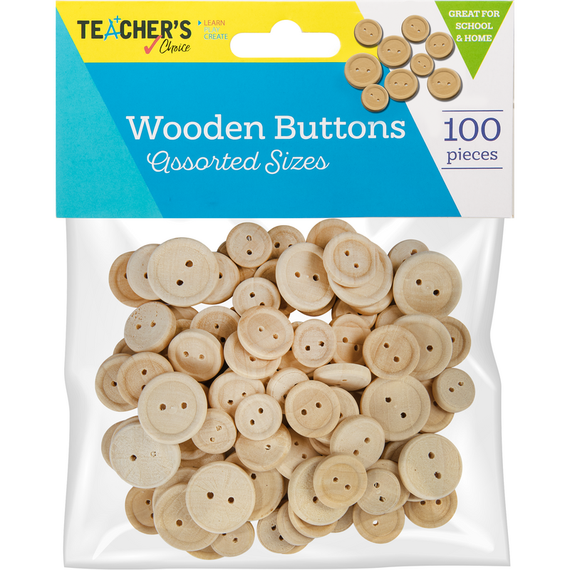 Light Gray Teacher's Choice Natural Wooden Buttons Assorted Sizes 100 Pieces Kids Craft Basics