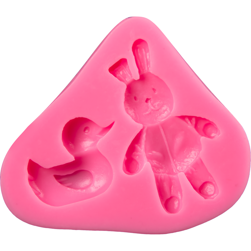 Hot Pink Clay Studio Cartoon Rabbit And Little Yellow Duck Silicone Mould for Polymer Clay and Resin 7.5x9x1.2cm Moulds
