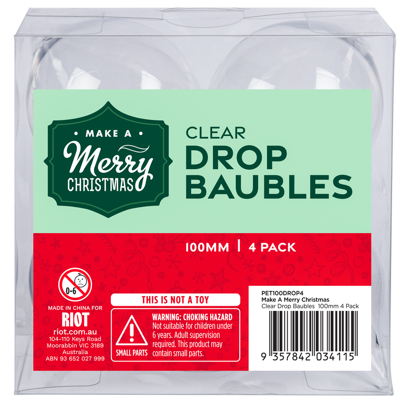 Light Gray Make A Merry Christmas Clear Drop Baubles 100mm 4 Pack Christmas