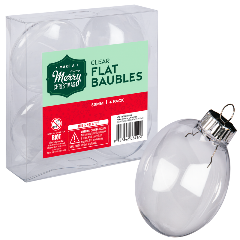 Light Gray Make A Merry Christmas Clear Flat Baubles 80mm 4 Pack Christmas