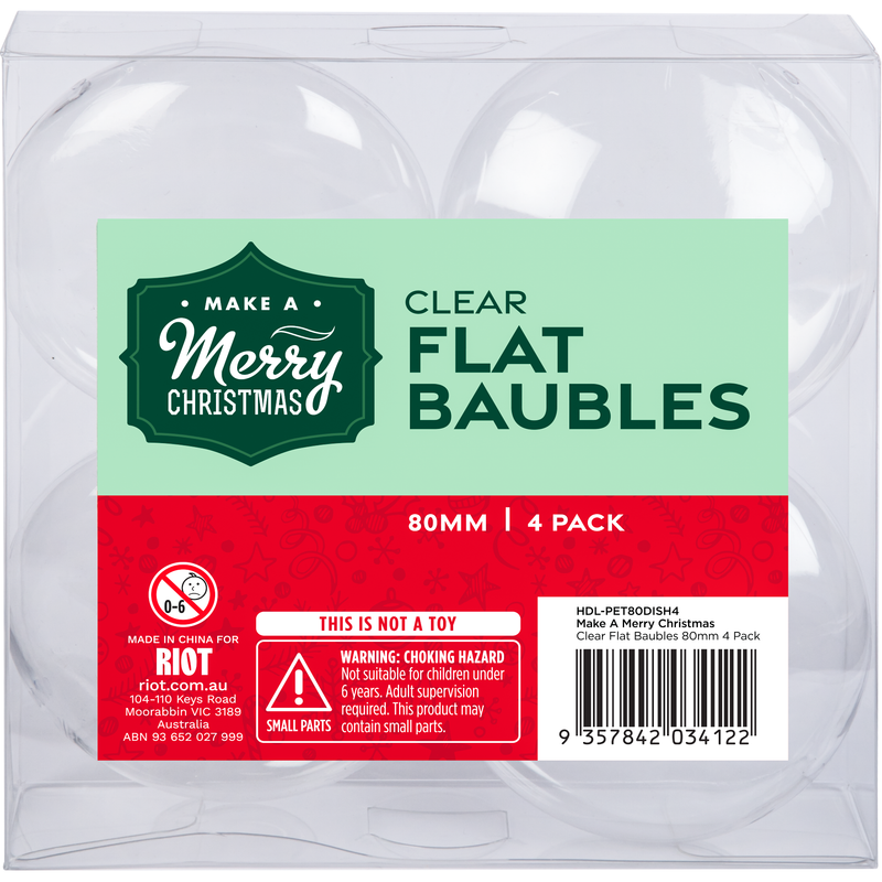Light Gray Make A Merry Christmas Clear Flat Baubles 80mm 4 Pack Christmas