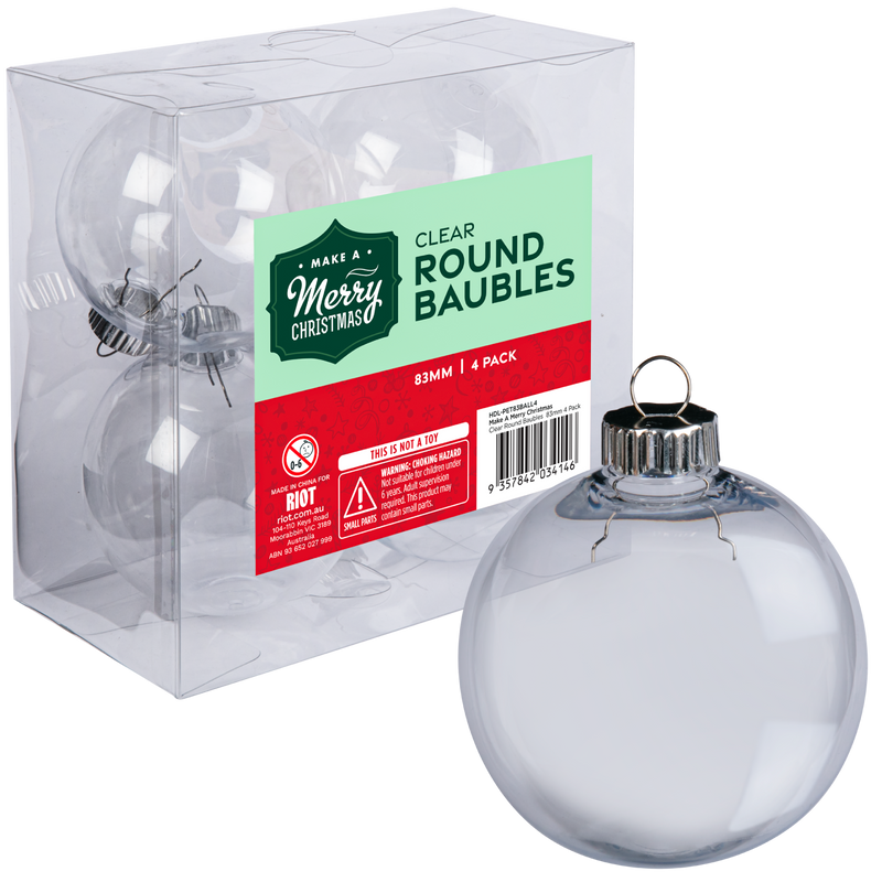 Light Gray Make A Merry Christmas Clear Round Baubles 83mm 4 Pack Christmas