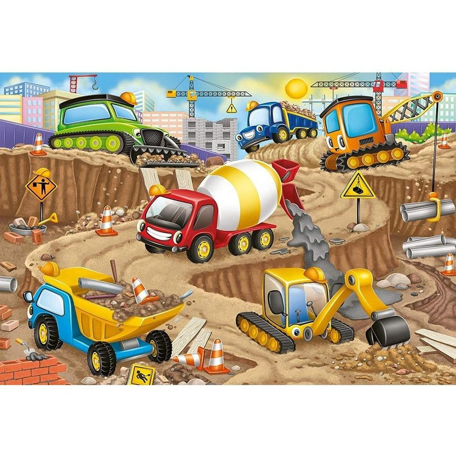 Construction puzzle artwork showing cement mixer, bulldozer, excavator, and dump truck