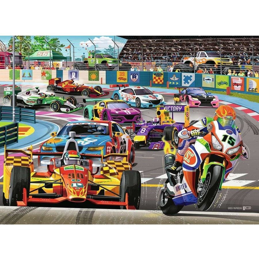 Racetrack rally jigsaw puzzle showing colorful race cars on track