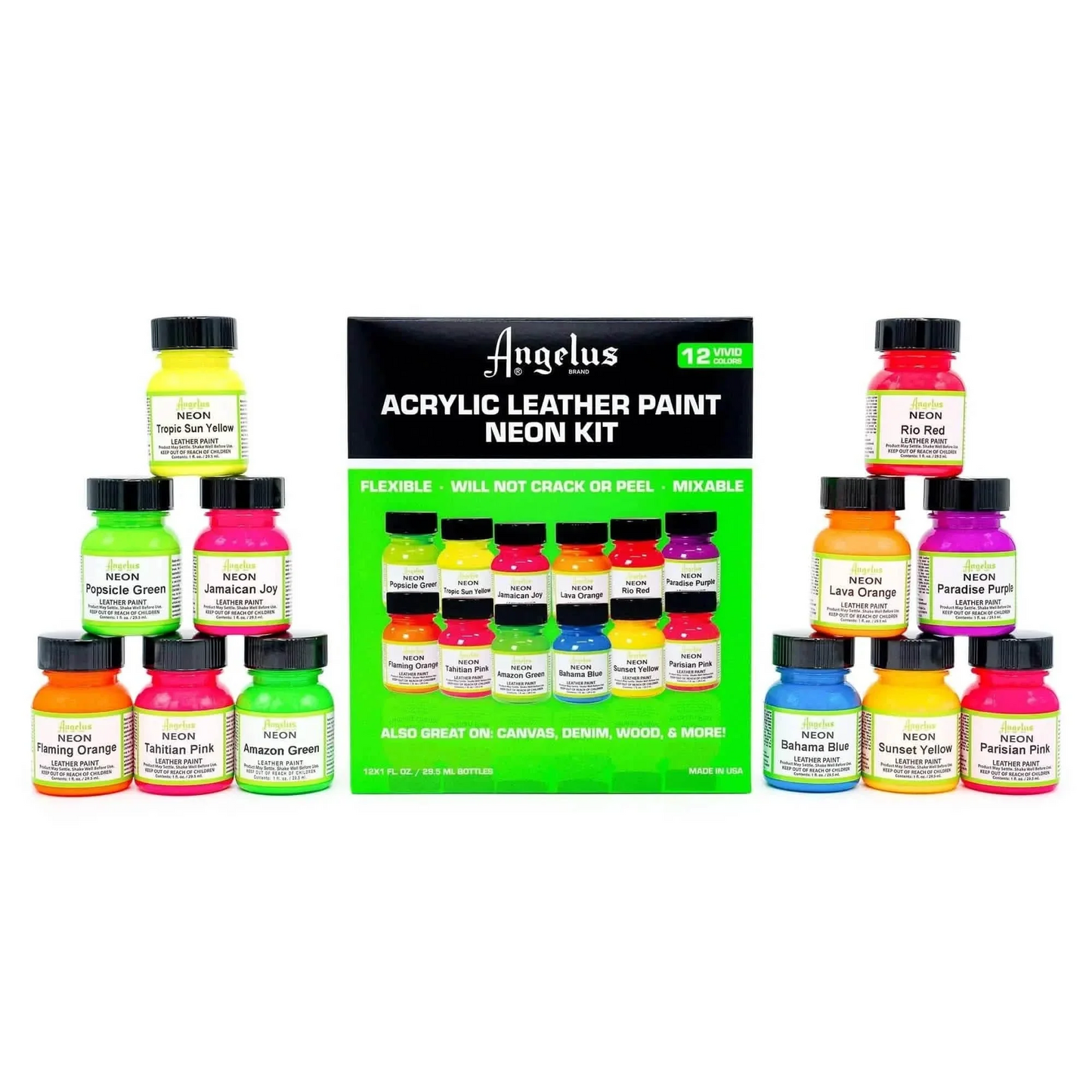 White Smoke Angelus Leather Paint Neon Colours Kit, 12 Pack Leather Paints