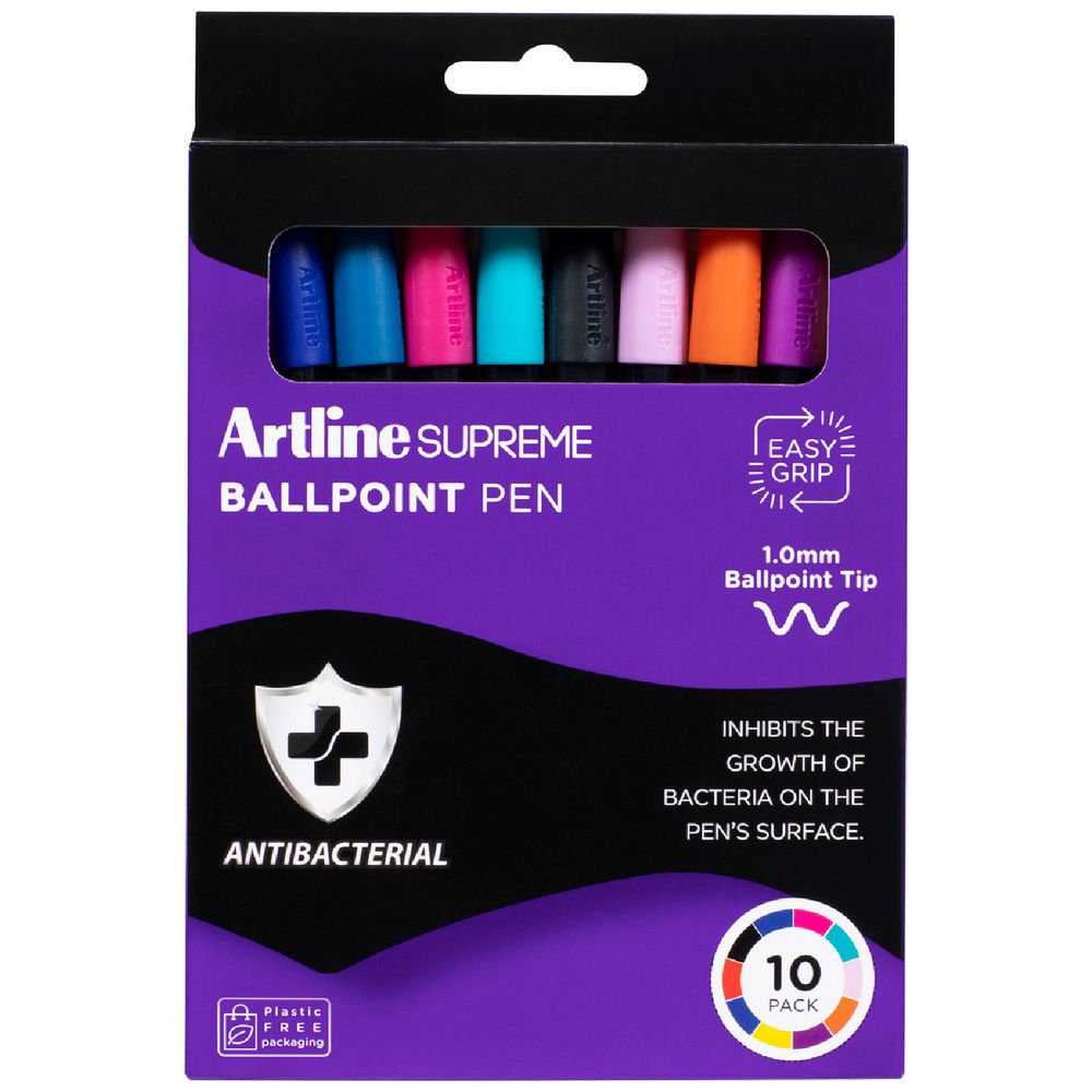 Black Artline Supreme Ballpoint Pen 1.0mm, Bright Colours - 10 Pack Ballpoint Pens