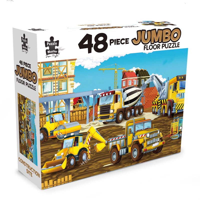 48-piece jumbo floor puzzle box with construction vehicles and cranes