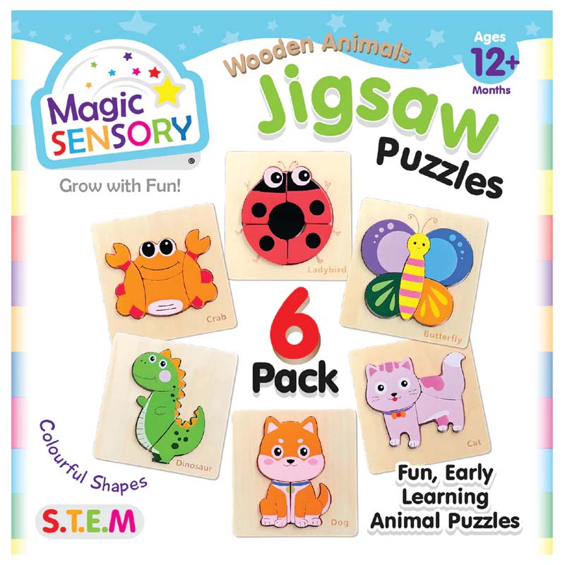 Magic Sensory shaped animal jigsaw puzzle 6-pack with colorful pieces, ages 2+