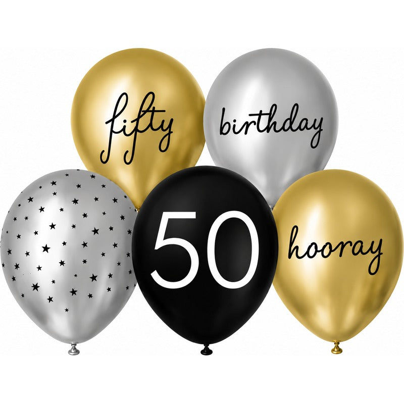 White Smoke Balloon Printed Latex 30cm 10 Pack - 50th Assorted Balloons
