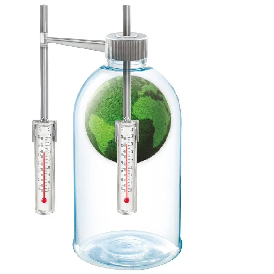 Weather science mini observatory bottle with green fill and two thermometers
