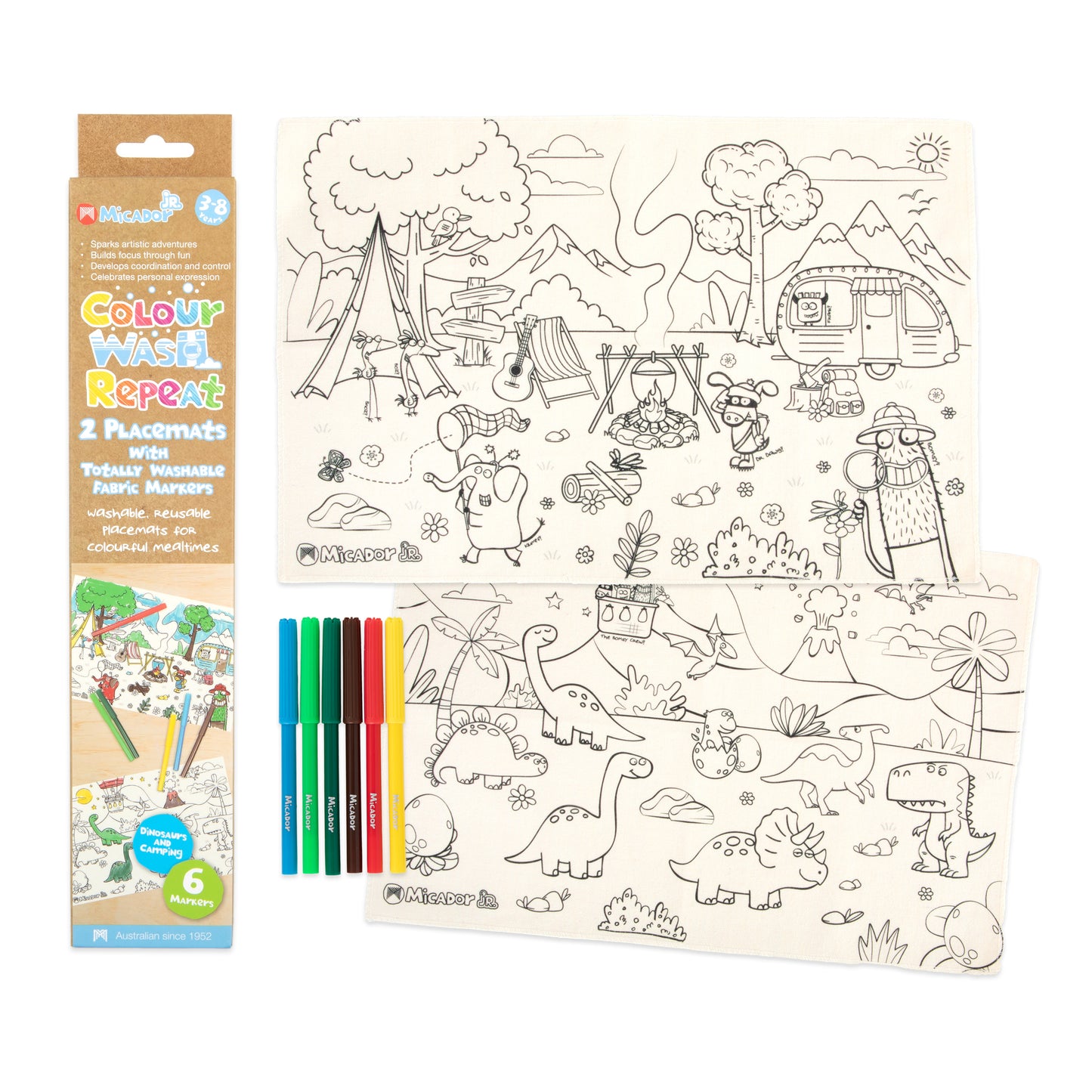 Seashell Micador jR. Colour Wash Repeat Placemats, Dinosaurs and Camping Kids Colouring Books