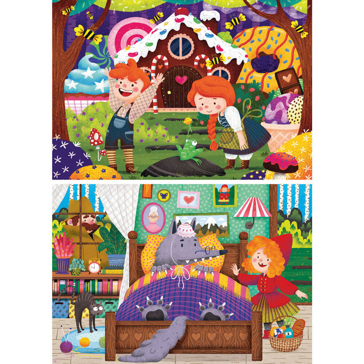 Two-panel fairytales jigsaw puzzle box showing child and cat scenes with bright characters