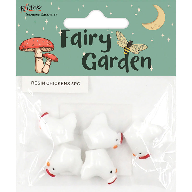 White Smoke Fairy Garden Resin Chickens, 5pc Fairy Garden