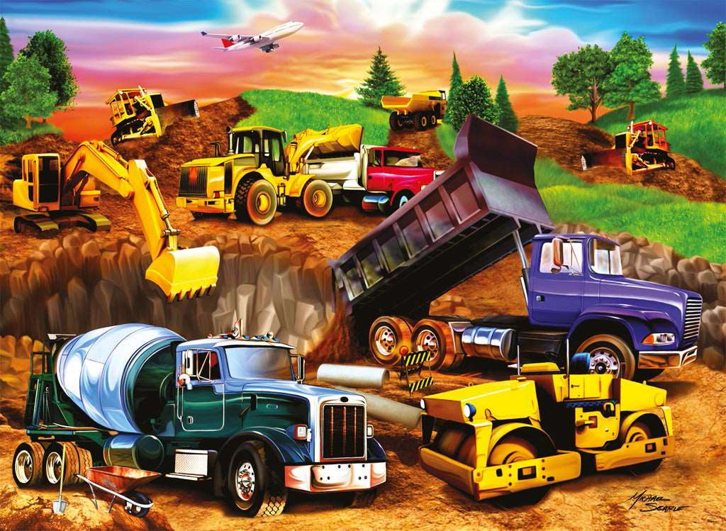Construction-themed jigsaw puzzle artwork with trucks and excavator vehicles