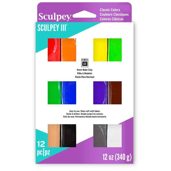 White Smoke Sculpey III Modelling Clay Multi Pack, Classic Colours, 12x 1oz/ 28g bars Modelling Clay