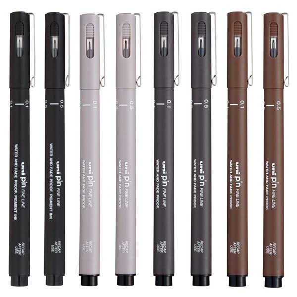White Smoke UNI PIN Fineliner, 0.1mm & 0.5mm Nibs, Assorted Ink, Pk8 Pens and Markers