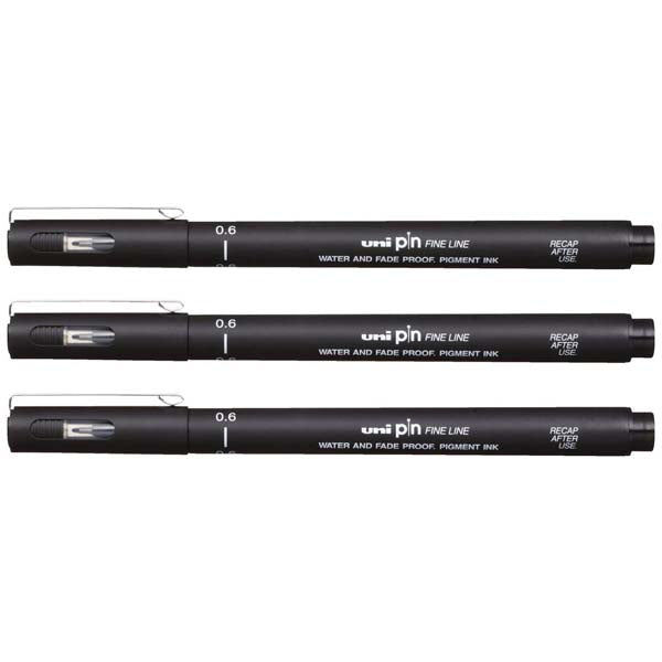 White Smoke UNI PIN Fineliner, 0.6mm, Black Ink, Pk3 Pens and Markers