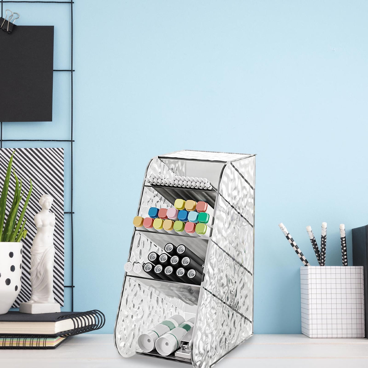 Powder Blue Slanted Desktop Organizer - Clear Acrylic Pen Holder w/ Angled Slots, Cosmetic Brush Storage & Office Supply Tray for Desk (Multi-Use Stationery Box)\u200b\u200b L White Craft Storage & Lighting