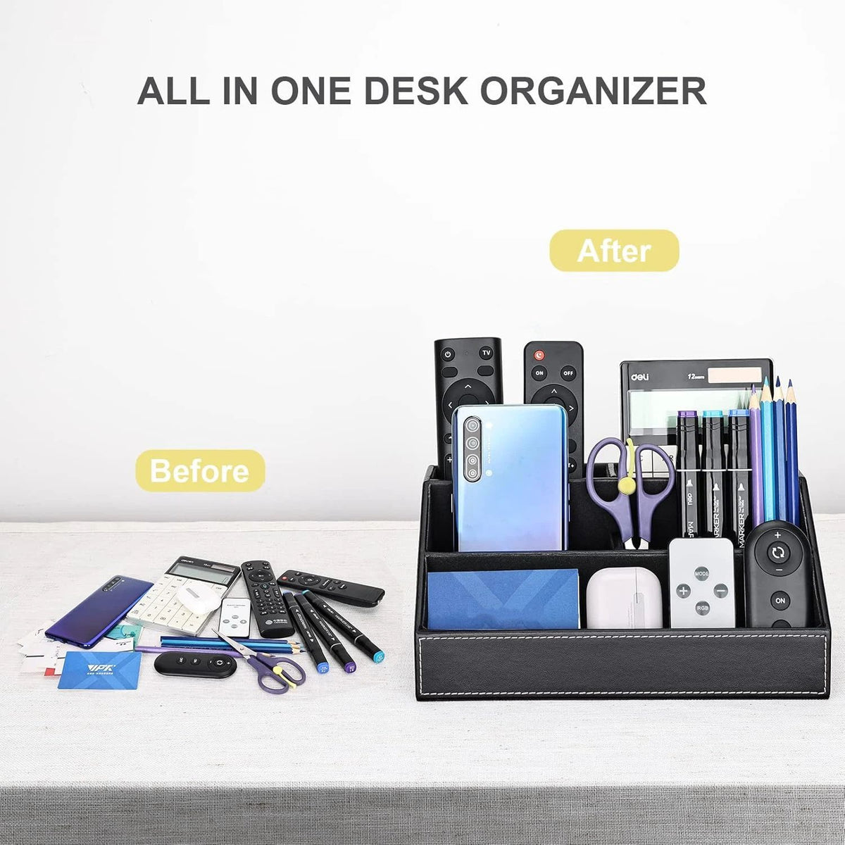 White Smoke Pu Leather Desk Organizer with 5 Compartments Holder, Multi-Functional Office Supplies Storage Caddy for Pen/Pencil, Phones, Remote Controller and Desktop Accessorie Black(Only storage box) Craft Storage & Lighting