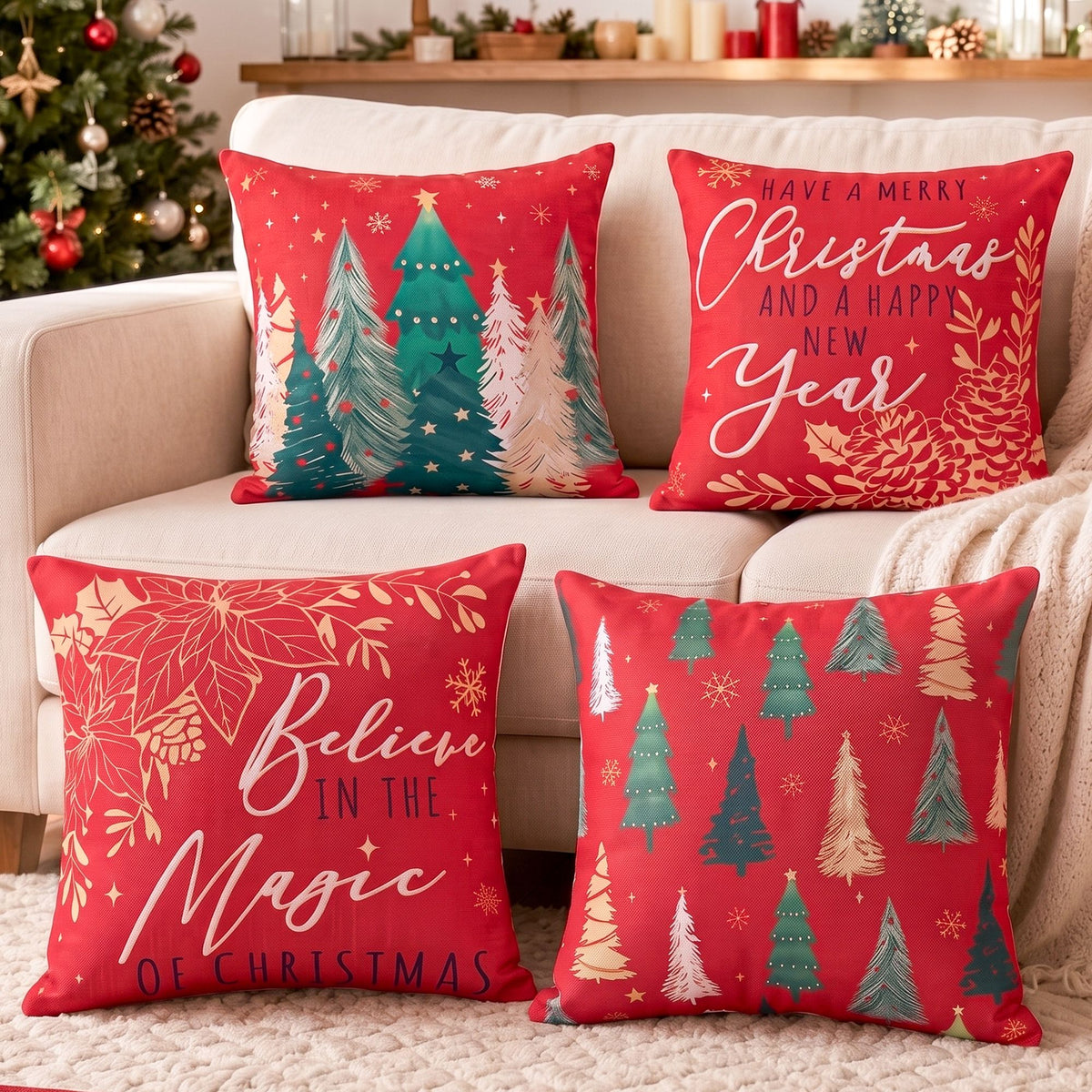 Firebrick Jingle Jollys Christmas Cushion Covers Set of 4 Pillow Covers 45x45cm with 4 Cute Patterns Red Home & Garden > Decor > Cushions & Throws