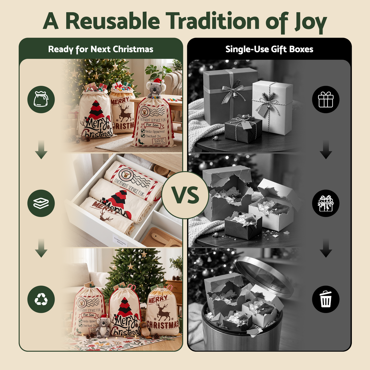 Dim Gray Jingle Jollys 3PCS Christmas Santa Sacks Large Reusable Personalised Canvas Gift Storage Bags Occasions > Wrapping Paper & Gift Bags > Gift Bags