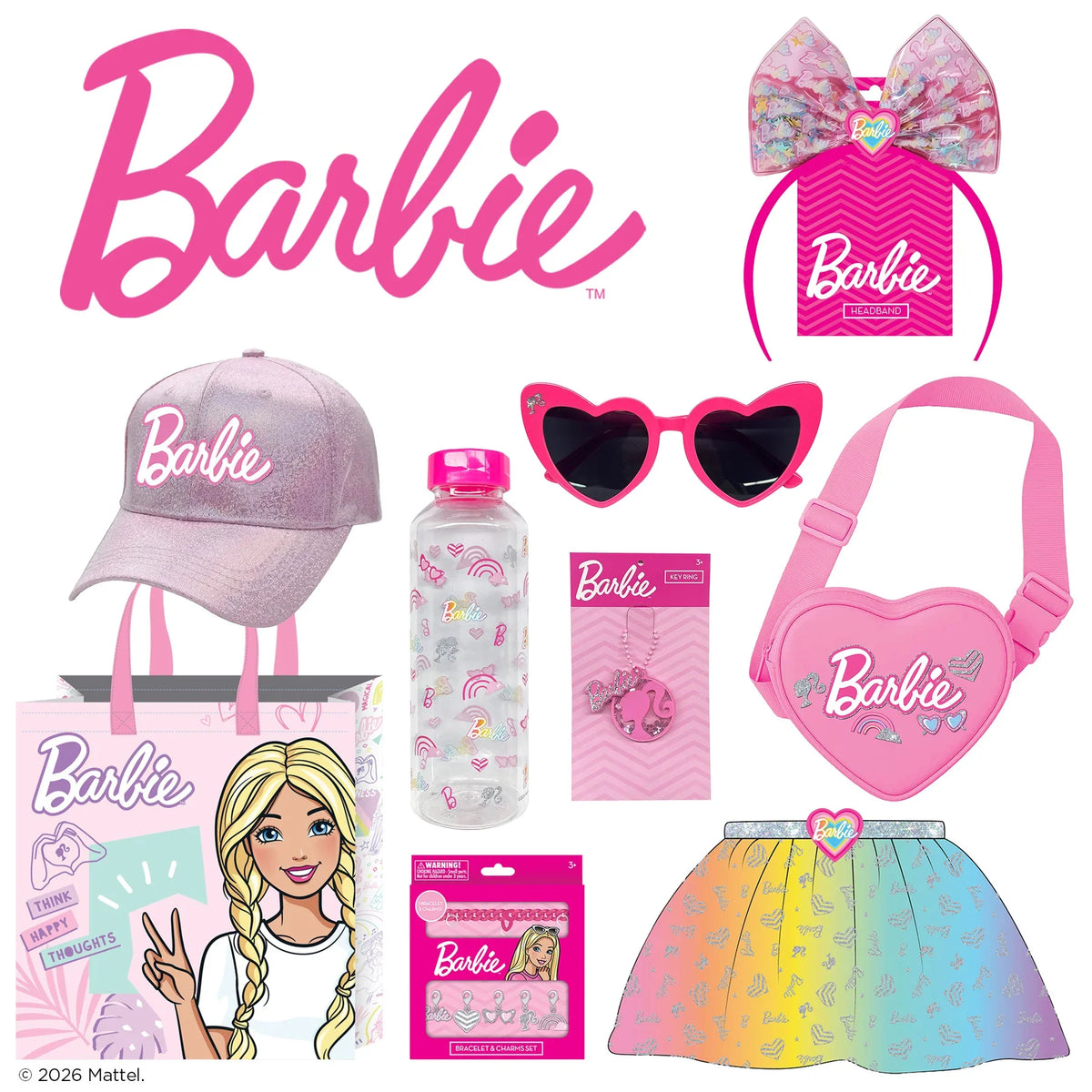 Barbie showbag accessories set with pink cap, bottle, heart sunglasses, bag and dress