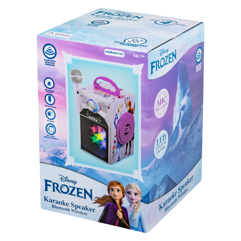 Frozen karaoke speaker Bluetooth wireless retail box with LED mic graphic
