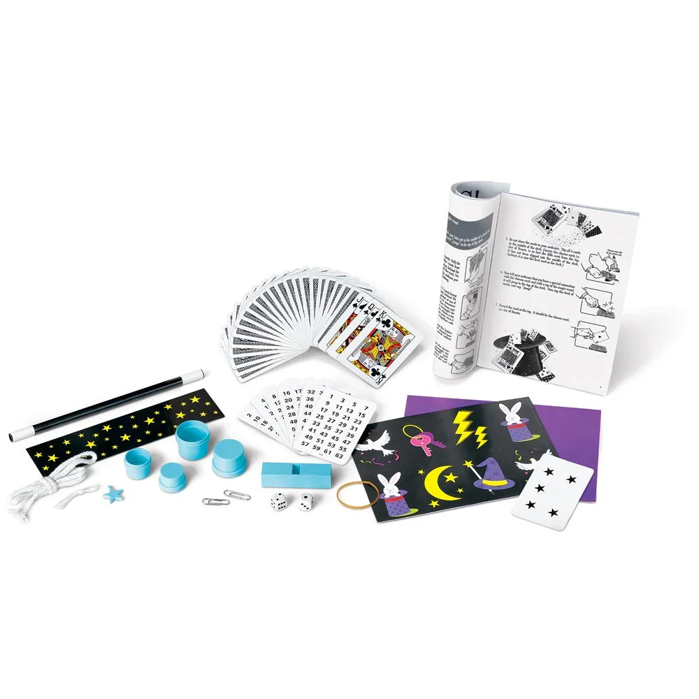 KidzLabs Magic Kit contents with wand tube, dice, cards, and instruction booklet