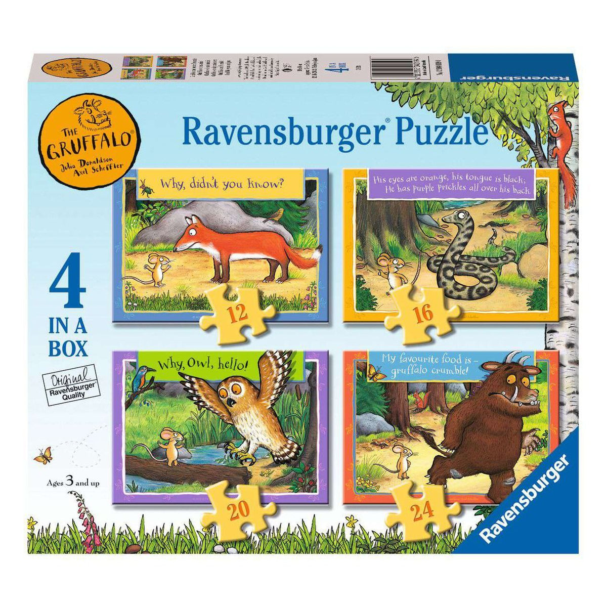 Kids jigsaw puzzle box featuring Gruffalo character art and 4 puzzle sizes