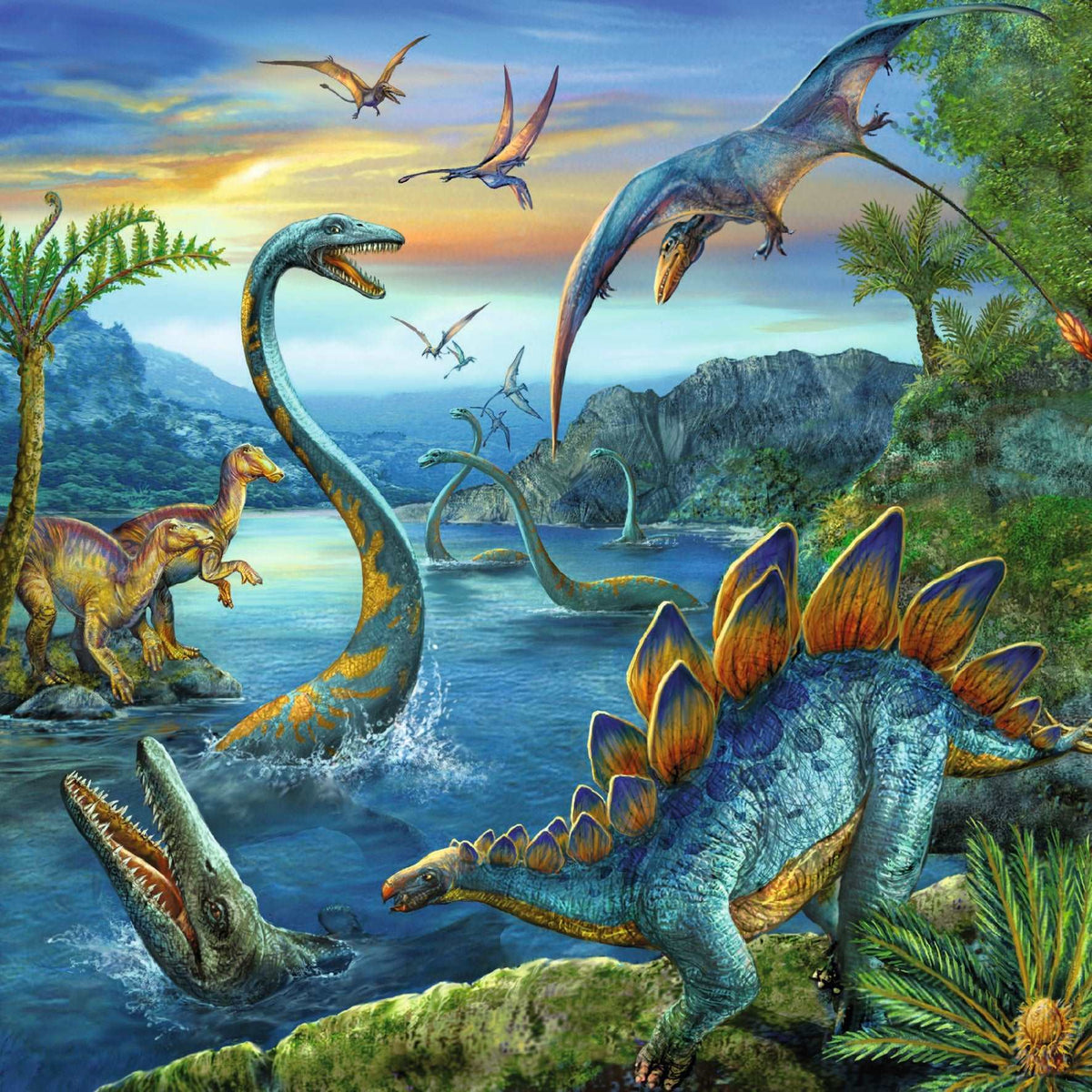 Dinosaur jigsaw puzzle artwork with blue ocean dinosaurs and soaring pterosaurs over cliffs