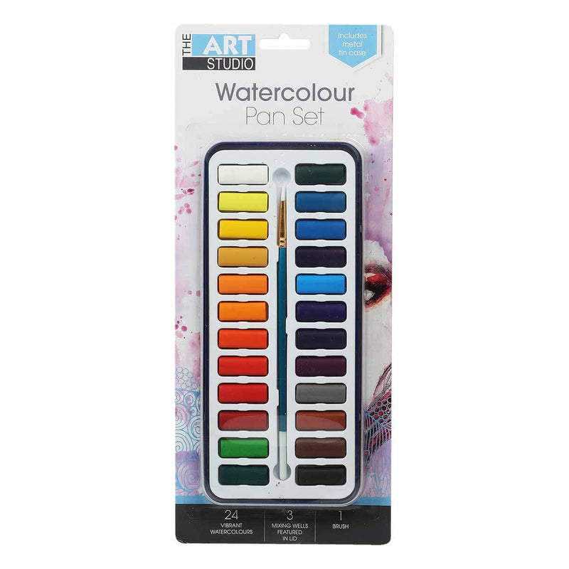 Chocolate The Art Studio Watercolour Painting Tin Set with Brush  24 Pack Watercolour Paints