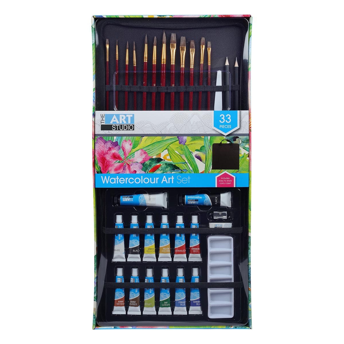 The Art Studio Watercolour Paint and Brush Carry Case Set 33 Pieces