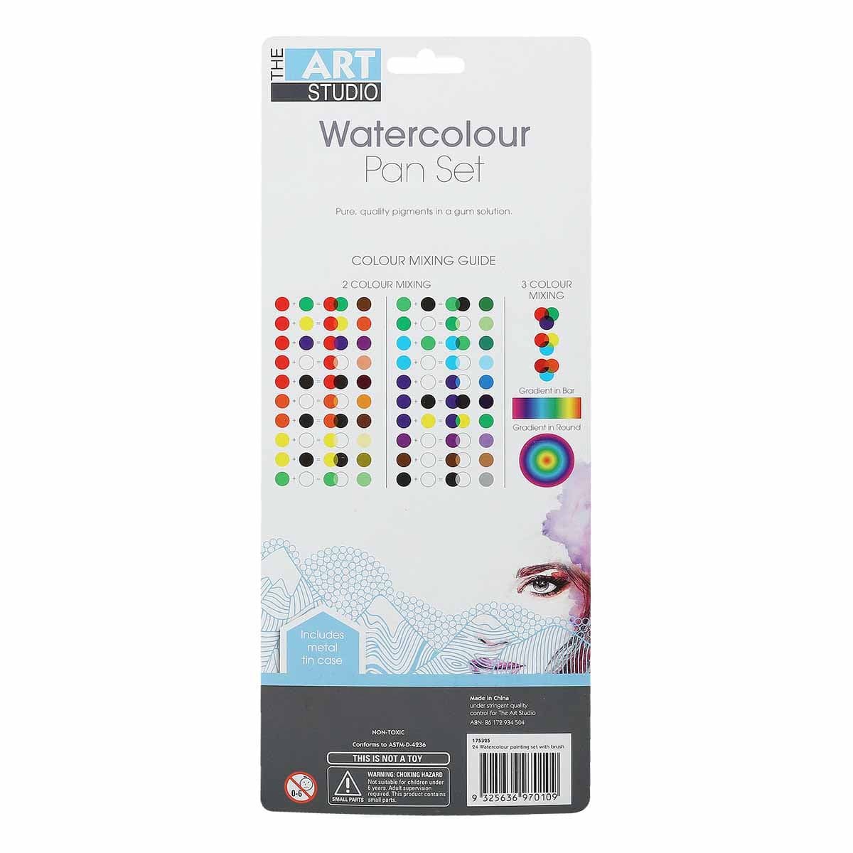 Watercolor pan set package back with color mixing guide diagram