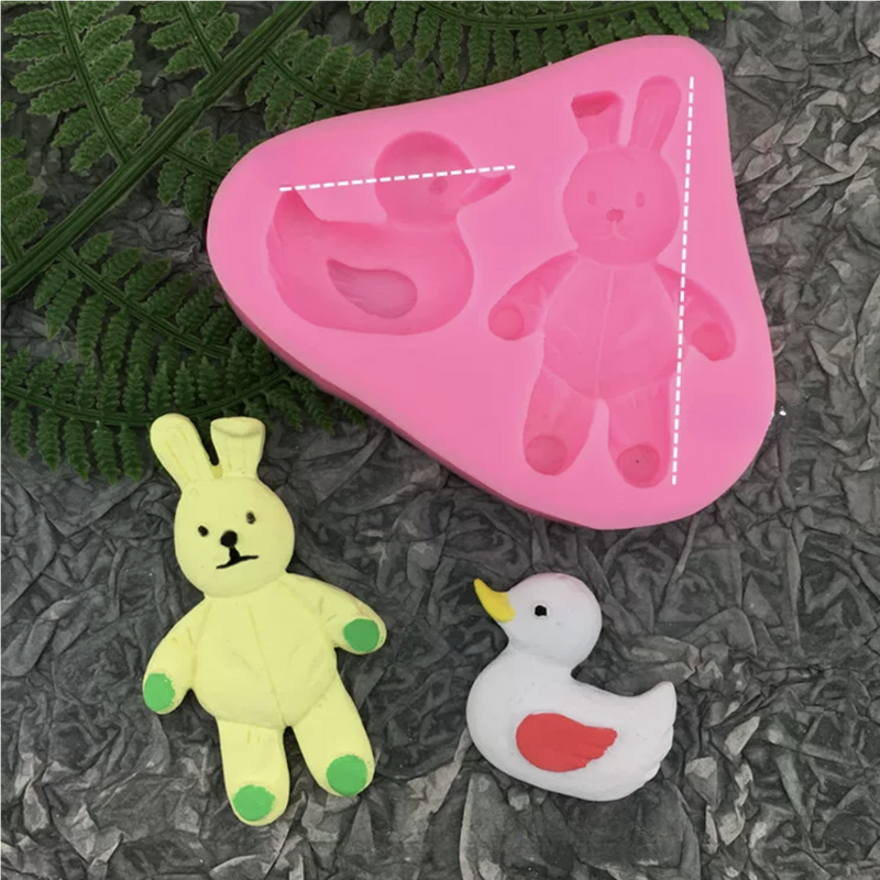 Dark Slate Gray Clay Studio Cartoon Rabbit And Little Yellow Duck Silicone Mould for Polymer Clay and Resin 7.5x9x1.2cm Moulds