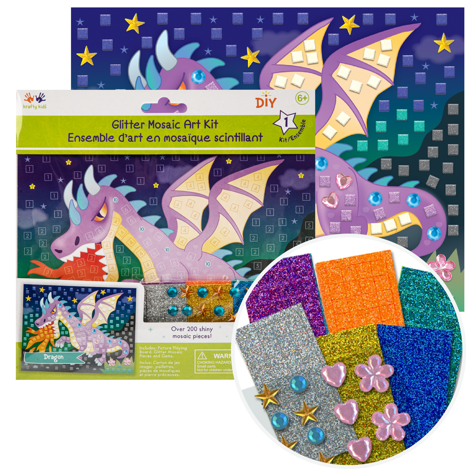 Krafty Kids Kit DIY Dragon Glitter Mosaic Art Kit With Gems