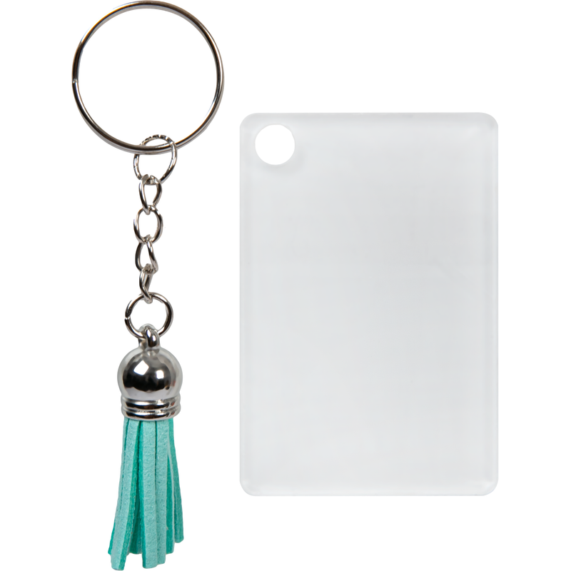 Light Gray Personalisable Acrylic Keyring with Light Blue Tassel-Rectangle 4x6x0.4cm Craft Basics