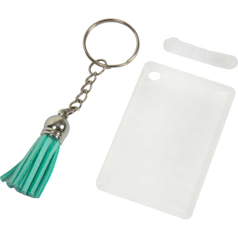 Beige Personalisable Acrylic Keyring with Light Blue Tassel-Rectangle 4x6x0.4cm Craft Basics