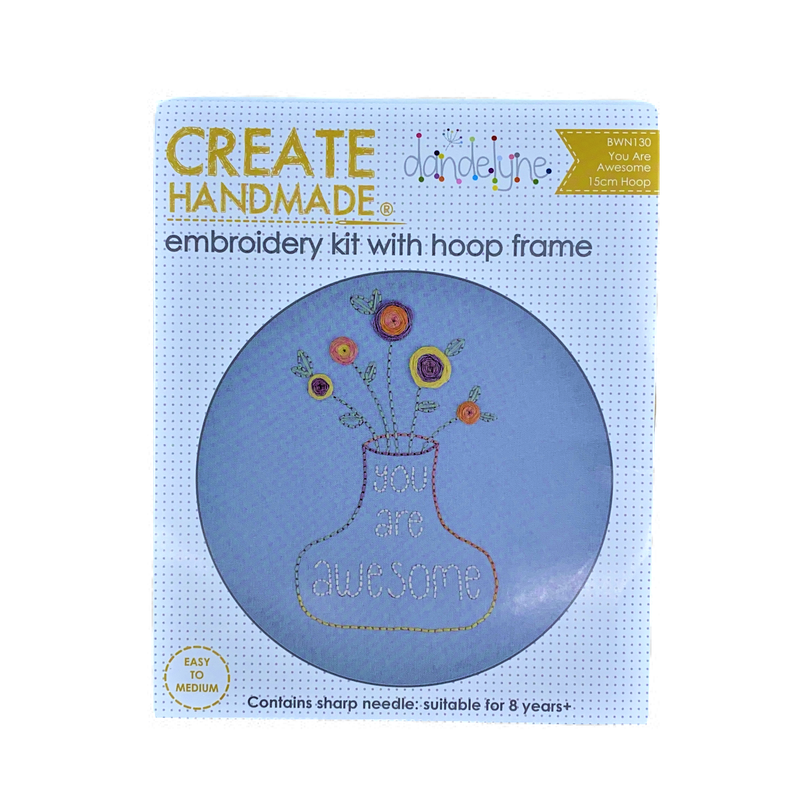 Cornflower Blue Create Handmade Embroidery Kit with Hoop Frame You Are Awesome 15cm Needlework Kits
