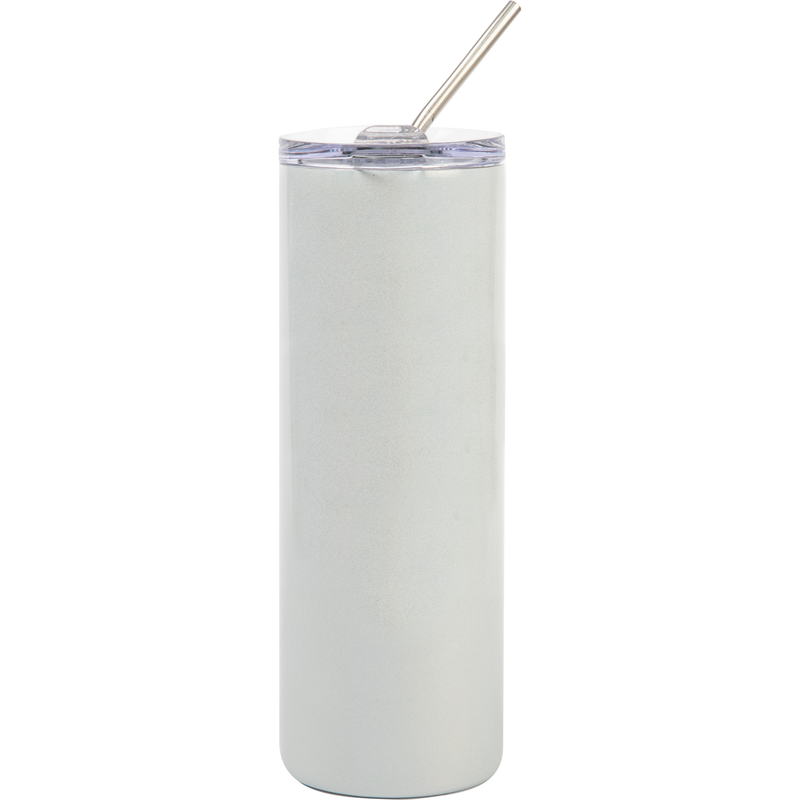 Light Gray Personalisable Glitter Sparkling Stainless Steel Skinny Tumbler With Straw- White 20oz / 600ml Craft Basics
