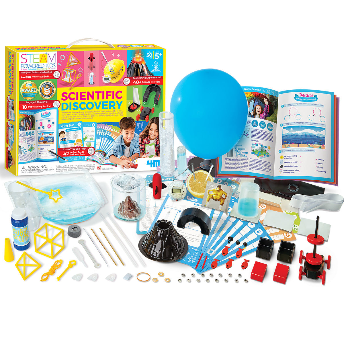 Scientific discovery kit set with blue balloon, open booklet, and assorted experiment pieces