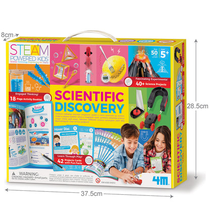 Scientific discovery kit box with handle, colorful experiment graphics, and printed details