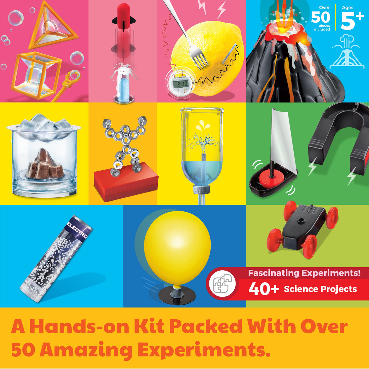 Scientific discovery kit packaging collage with experiment icons and project graphics