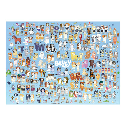 500-piece Bluey character puzzle artwork with many cartoon dogs on blue background