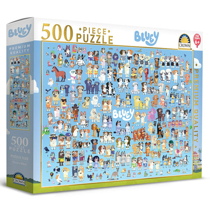 Bluey 500-piece jigsaw puzzle box with '500 PIECE' title and character grid artwork
