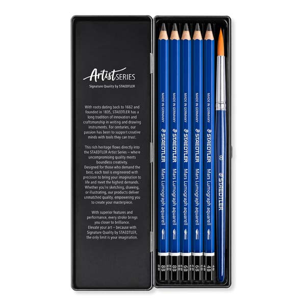 Dark Slate Gray Staedtler Mars Lumograph Aquarell Graphite Pencils, with Brush, 6Pcs Pencils